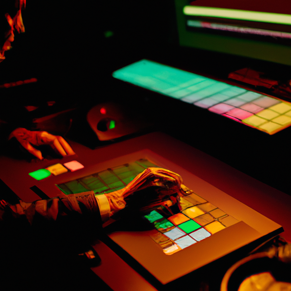 Retrato de Mateo ajustando color en una consola profesional